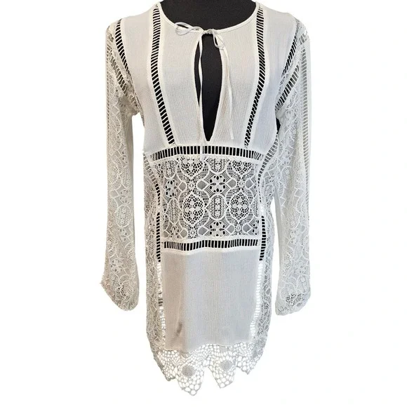 For Love & Lemons White Crochet Lace Boho Mini Dress Coverup XS Long Sleeve